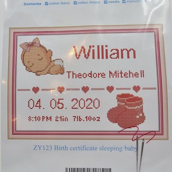 Maydear Birth Certificate Sleeping Baby Cross Stitch Kit Pre-Printed Fabric - Picture 3 of 5